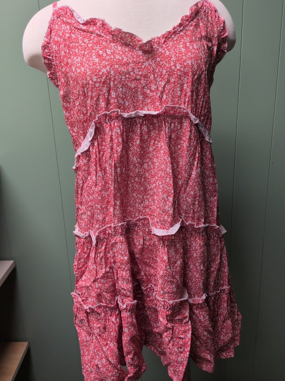 Red Floral Tiered Midi Dress with Ruffle Details